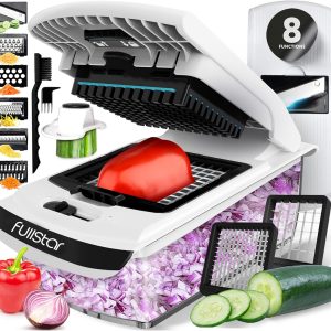 Vegetable Chopper & Mandoline Slicer with Container - Veggie Onion Salad Food Cutter Dicer - Julienne & Wavy Slicer - Grater Zester - Kitchen Tools Gadgets - Home Essentials (8-in-1 PRO White)